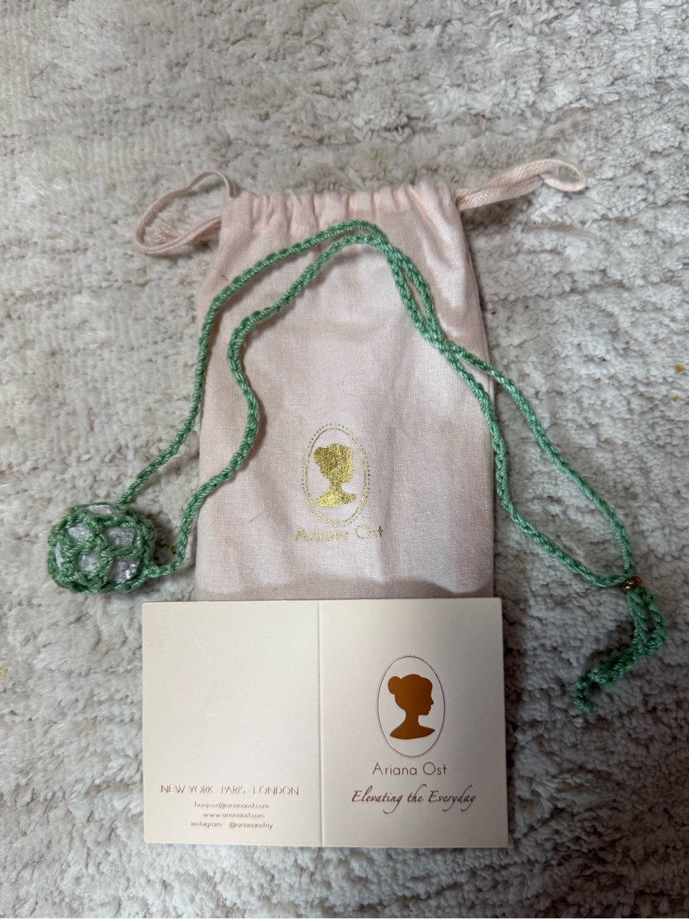 NEW! by Ariana Ost Mint Green Crochet Crystal Necklace with Pouch!
